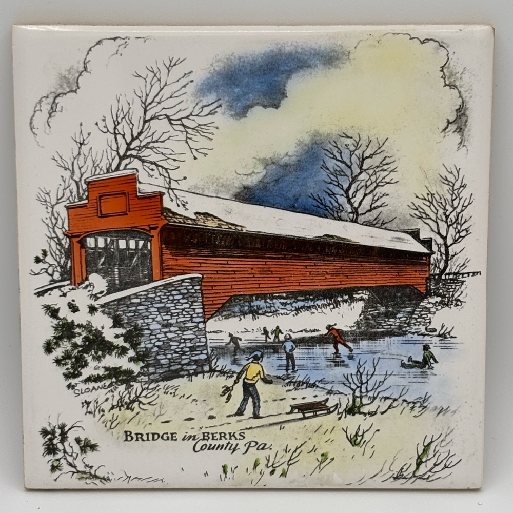 Delano Studios Bridge In Barks County Pa Trivet/Tile 6” EUC Covered Bridge